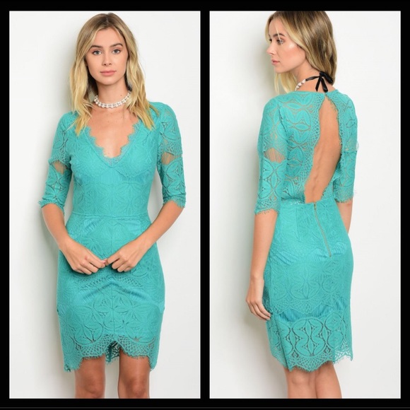 Teal Backless Lace Bodycon Dress - Picture 5 of 6